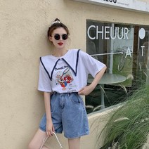 실사 빅사이즈 여성복 패션 여름 서양기 감령 ins 트렌드 마린룩 티셔츠