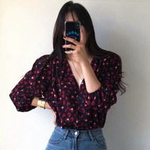 여성 블라우스 레드 쉬폰 셔츠 여름 레오파드 호피 브이넥 퍼프 쉬폰