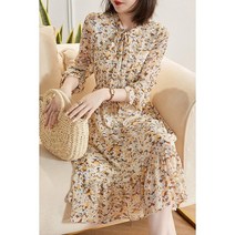 봄 가을 중년 여성 쉬폰 원피스 리본 올드머니룩 플라워 40대 50대 쇼핑몰 패션 하객 결혼식 옷 빅사이즈