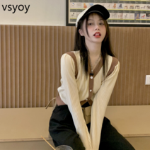 vsyoy 빈티지 대비 V 넥 니트 카디건 스웨터 여성의 봄과 여름 새로운 홍콩 스타일 짧은 슬리밍 우아한 긴팔 탑
