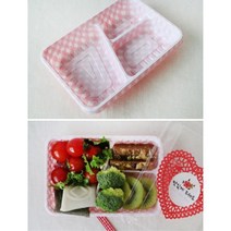 3칸 일회용나눔용기 핑크 체크도시락 4p 생일답례품, 1개, 상세페이지참조