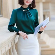 겨울 블라우스 여성 봄 가을 사무실 레이디 프릴 스탠드 칼라 새틴 셔츠 탑 우아한 구슬 blusa 특대 모든 경기 풀오버