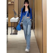 한쪽 멜빵 데님 팬츠 특이한 여자 세미와이드 청바지