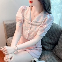 여름 자수 프렌치 퍼프 소매 레이스 쉬폰 상의 여 디자인 소탈 셔츠