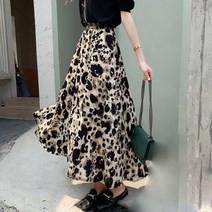 다이뻐 DAIBBU 리틀깽스 자체제작 여성 밴딩 실크 실키한 부드러운촉감 a라인 프릴 웨이브 호피 레오퍼드 패턴 롱스커트