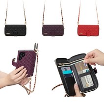 갤럭시 S22플러스 케이스 S906 가죽 유스타 패턴 유광 카드 지갑 지퍼 자석 커버 (크로스 체인 목걸이 목줄 포함)