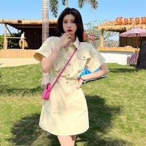 POMTOR 점프슈트 여름 반팔 데님 원피스