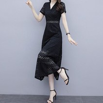 요나걸 여성 원피스 롱원피스 드레스 브이넥 허리 슬리밍 레이스원피스 반소매원피스 A라인 스커트 외출용원피스 유행을 타지않는 스타일 여름 여자롱원피스 + 양말증정