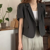 4colors 스테이 여성 여름 루즈핏 어깨 셔링 퍼프 소매 린넨 크롭 숏 반팔 자켓