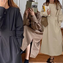 [더루브] 몸매커버 허리 단추 옆트임 롱 면원피스