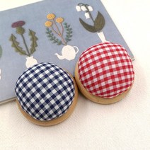 마미쏘잉/ 우드핀쿠션-네이비 레드/ 프랑스자수 퀼트 핀꽂이 바늘꽂이, 레드