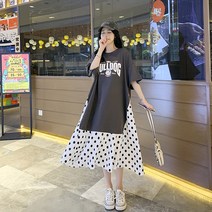 도트 쉬폰밑단 배색 빅사이즈 반팔 롱원피스