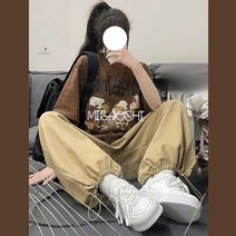 CIUUC CIUUC 새로운 여름 시원한 소녀는 복고풍 곰 짧은 소매 티셔츠를 입고 여학생 발가락 랜턴 바지 투피스, 반소매 카키색 바지, XL 추천 106-115kg
