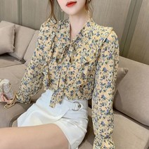빅사이즈 블라우스 이쁜옷 여성 상의 큰옷 꽃 프린트 스위트 프릴 셔츠 바지 롱 슬리브 시폰 숙녀 봄 가을 탑 의류