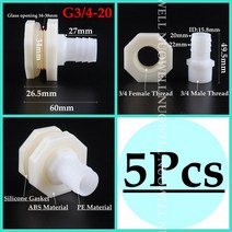 물탱크피팅 5Pcs 3/4 "~ 10-25mm 수족관 물고기 탱크 배수 조인트 호스 입구 및 출구 연결 수조 벌크, 06 G3l4-20