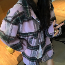 디작소 여성 가을 겨울 바이올렛 체크 셔츠 남방