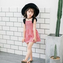 어깨리본 호캉스 아동체크 해변원피스 여자아이원피스
