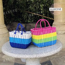 Makone 상표등록 빨대 플라스틱 라탄모양 바구니 가방, G49- 중형 카드 카키 바구니