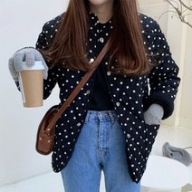봄원피스 폴카 도트 디자인 루즈 올 매치 싱글 브레스트 램 울 스티칭 긴팔 코튼 패딩 코트 콘트라스트 컬