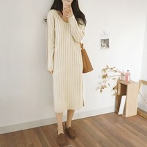 [시크블랙] 브이넥 골지슬릿 니트 롱원피스