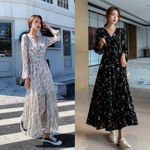 여성 꽃무늬 롱 원피스 URD 135 플레어 가을
