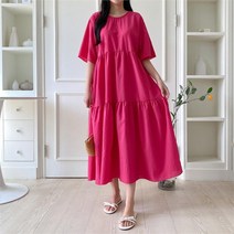 여자 라운드넥 캉캉 지지미 반팔 롱 원피스