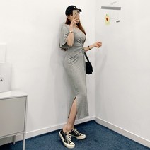 퍼니걸스 5278 슬림 반팔 스트링 트임 롱 원피스 여성의류