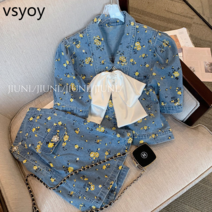 vsyoy 2022 년 여름 새로운 순수 바람 패션 정장 여성 짧은 데님 탑 플로럴 스커트 투피스 세트