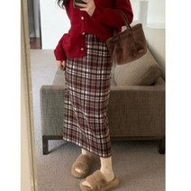 바스락스커트 무늬 커피 컬러 스커트 여성용 작은 하이 웨스트 슬리밍 중간 길이 스트레이트 A 워드 니트 스커트 가을 겨울