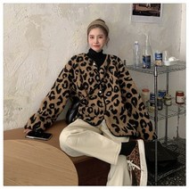 호피아우터 점퍼 자켓 노카라 플리츠 양모 코트 가을 ​​겨울 레오파드 코트 홍콩 풍미
