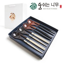 [쇼핑백포함] 천연옻칠 나무 수저 4인 선물세트 고급형 / 명절선물 집들이선물, 마카롱선물세트(백색2+흑색2)