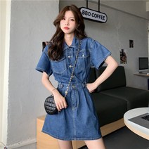 YAPOGI S-3XL 여성 여름 고급감 데님 반소매 원피스 우아하다 미니 원피스 J0406
