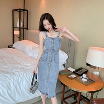 Ogfaour 여성 데님 멜빵 원피스 여름 복고 나시 원피스