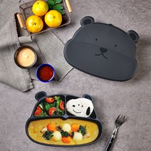 [마미스테이블] 먹자곰 식품용실리콘 흡착식판(뚜껑포함) 유아 돌 아기 그릇 식기 중기 이유식 용기, 먹자곰 블랙(본체 + 뚜껑)