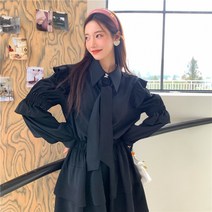 고급 수입 플리츠 허리 조임 퍼프 소매 미니 원피스 블랙 블루 베이지 명품 스타일 플로라 러플 슬리브 스카프 타이