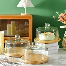 케이크 유리돔커버 트레이 원목 받침대 디저트 푸드커버, 특대