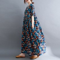 중년 여성 여름 빅사이즈 라운드넥 꽃무늬 반팔 홈웨어 롱 원피스 드레스 큰옷 대형