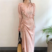 여름 하객룩 v넥 끈 프릴 땡땡이 여름 롱 원피스 복고풍 디자인 감각 청담동며느리