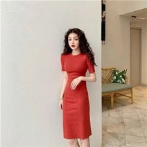 한강 데이트 나들이 벚꽃 힙 드레스 숏 슬리브 솔리드 레트로 a 라인 슬림 오넥 여성용 레저 고탄성 트렌디