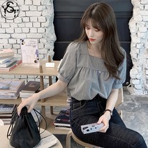 YST 여성 셔츠 여름 반팔 셔츠 블라우스 스퀘어 칼라 셔츠