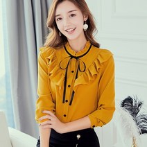 마이네임이즈 파운더스 블라우스 봄 가을 여성 화이트 셔츠 긴 소매 어 프릴 스트리트 웨어 슬림 쉬폰 탑