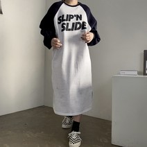 [비비애르] 슬립 레터링 나그랑 배색 기모 롱원피스 박스핏 빅사이즈 홈웨어