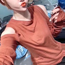 긴팔 이너셔츠 유럽 상품 2022 년 봄옷 상의 트렌드 오픈숄더티셔츠 여성 소매 슬림 순면 코튼 3989158119