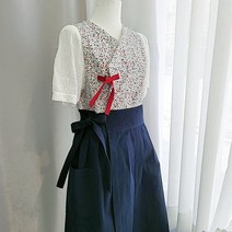 옥이홈 개량한복 앞치마 철릭 네이비 꽃저고리 리넨 원피스앞치마 공방 선물 어린이집 단체