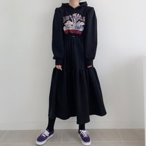 봄겨울 캐주얼 후드 캐릭터 알파벳 프린트 끈 뽑기 허리 롱 기모 맨투맨 원피스녀