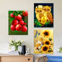 FASEN diy보석십자수 캔버스 형액자 세트 40cm x 50cm, AYW-62부엉이와 빨간사과와 파란나비해바라기