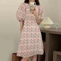 [당일배송] Tamina 쇼트 원피스 브이넥 플라워 반소매 울금향 A라인 스커트