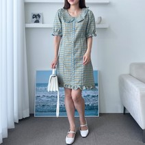 마쿠쿠 체크 숄더 프릴 반팔 머메이드 미니 원피스