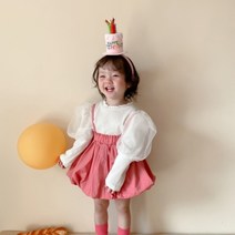 기타 핑크 펌킨 멜빵바지 골지티 세트