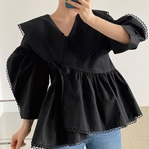 [랜덤플레이]빅카라 레이스 펀칭 허리 스트랩 블라우스